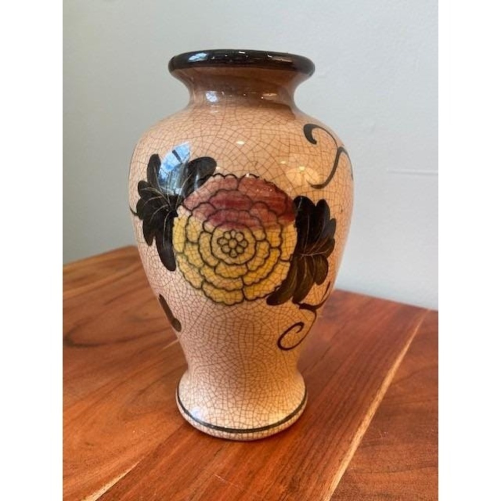 Crackle Glaze Ceramic Vase Floral Bird Hand Painted Cream Japanese 6 In Vintage